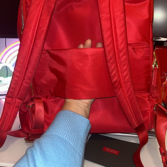 RARE Red Satin Tumi Voyager Luggage Quality Backpack with Gold Trim! - Picture 14 of 17